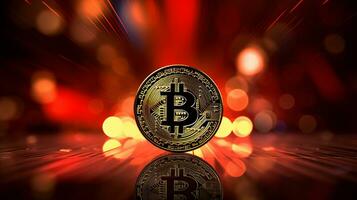 AI generated Bitcoin cryptocurrency on blurred defocused red abstract background with space for text placement photo