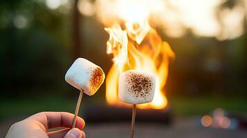 ai generado cerca arriba de manos asado Malvaviscos en un palo terminado el consolador calor de un noche hoguera foto