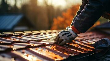 AI generated Skilled construction worker expertly repairing damaged tile roof with precision and expertise photo