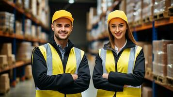 AI generated Young man wearing a safety helmet while training as an apprentice in the logistics profession photo