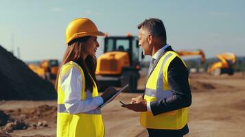 AI generated Inspector and manager discussing plans with excavators on sunny day at real estate project site. photo