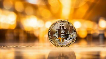 AI generated Bitcoin on yellow abstract background with defocused effect and copy space for text placement photo