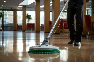 AI generated Professional office cleaner performing detailed cleaning in bright, spacious office environment photo