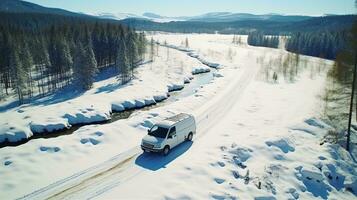 AI generated Winter wonderland  aerial view of van and car on a narrow road in the enchanting forest photo