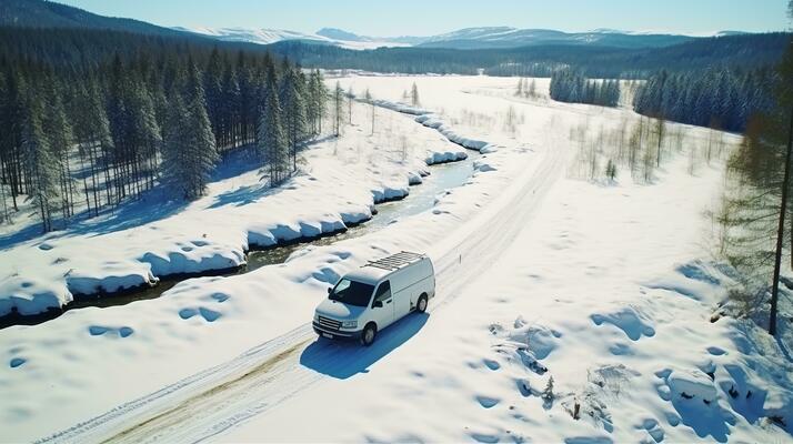 AI generated Winter wonderland  aerial view of van and car on a narrow road in the enchanting forest
