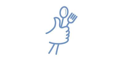 logo diseño combinatorio el forma de un mano o pulgar con un cuchara y tenedor, minimalista líneas. vector