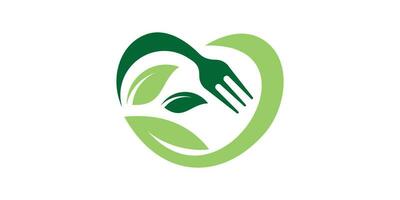 health food logo design, combination of fork with love sign and leaf, vector icon, symbol.