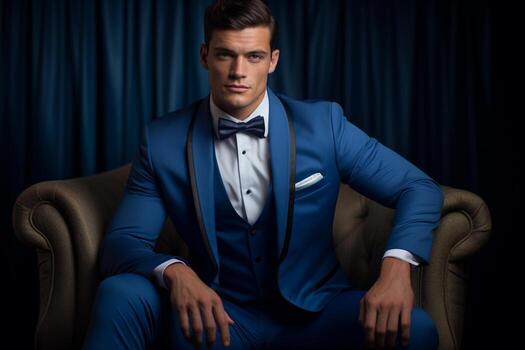 AI generated handsome man model wearing blue tuxedo bokeh style background with Generated AI photo
