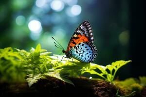 ai generado azul y amarillo mariposa sentado en verde planta hojas bokeh estilo antecedentes con generado ai foto