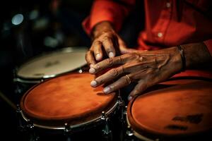 AI generated close up of hands playing drum bokeh style background with Generated AI photo