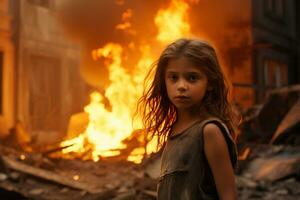 ai generado un joven niña en pie en frente de un ardiente edificio bokeh estilo antecedentes con generativo ai foto
