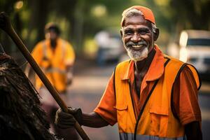 AI generated a male street sweeper worker smiling bokeh style background with Generative AI photo