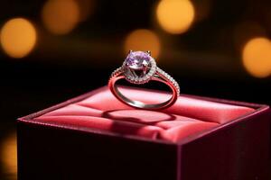 AI generated a diamond wedding ring in a red purple box bokeh style background with Generated AI photo