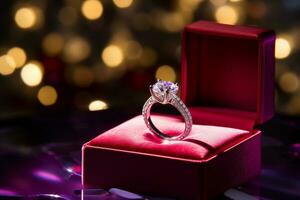 ai generado un diamante Boda anillo en un rojo púrpura caja bokeh estilo antecedentes con generado ai foto