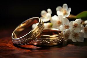 AI generated close up of two gold wedding rings and flowers around bokeh style background with Generated AI photo