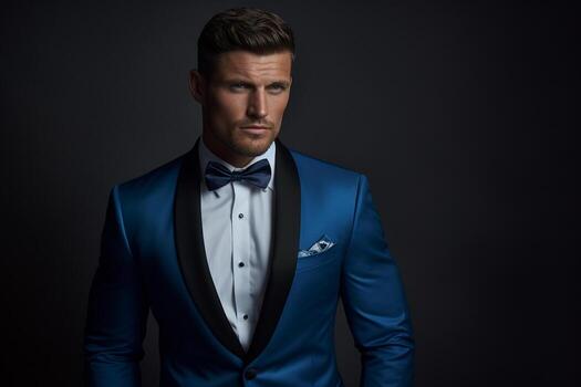 AI generated handsome man model wearing blue tuxedo bokeh style background with Generated AI photo