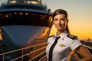 AI generated a female captain standing in front of the ship bokeh style background with Generated AI photo