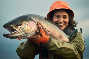 AI generated a woman holding a big fish in the river bokeh style background with Generative AI photo