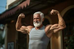 AI generated an elderly man show his muscle in the outdoor bokeh style background with Generative AI photo