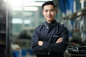 AI generated asian male business entrepreneur in his workshop bokeh style background with Generative AI photo