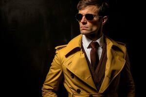 ai generado hermoso hombre modelo vistiendo amarillo traje con generado ai foto