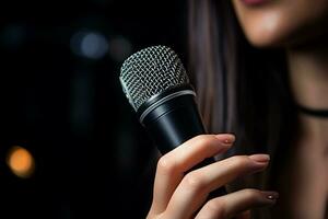 AI generated close up of hands holding a microphone with Generated AI photo