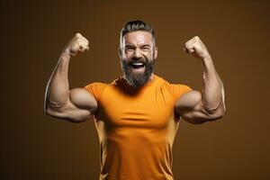 AI generated fitness man show his muscles on brown background with Generative AI photo