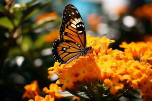 AI generated yellow butterfly sitting on green plant leaves bokeh style background with Generated AI photo