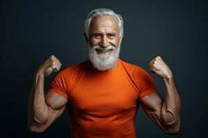 AI generated an elderly man show his muscle in dark background with Generative AI photo