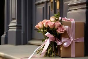 ai generado un ramo de flores de rosas y un regalo en frente de el frente puerta bokeh estilo antecedentes con generado ai foto