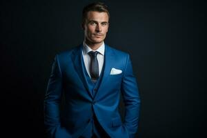 AI generated handsome man model wearing blue suit bokeh style background with Generated AI photo