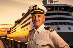 ai generado antiguo masculino capitán en pie en frente de el Embarcacion bokeh estilo antecedentes con generado ai foto