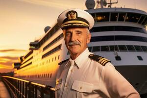 AI generated old male captain standing in front of the ship bokeh style background with Generated AI photo