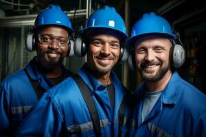 AI generated three maintenance engineer wearing blue uniform smiling bokeh style background with Generated AI photo