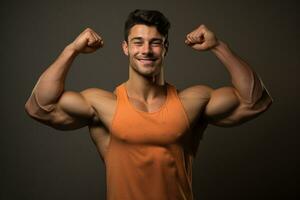 AI generated fitness man show his muscles on brown background with Generative AI photo