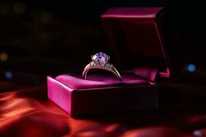 AI generated a diamond wedding ring in a red purple box bokeh style background with Generated AI photo