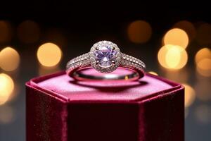 AI generated a diamond wedding ring in a red purple box bokeh style background with Generated AI photo