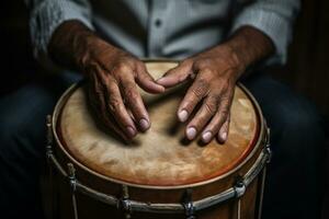 AI generated close up of hands playing drum bokeh style background with Generated AI photo