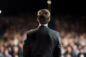 ai generado un hombre Hablando en frente de multitud personas bokeh estilo antecedentes con generativo ai foto