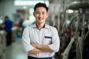 AI generated asian repairman smiling at laundry shop bokeh style background with Generated AI photo