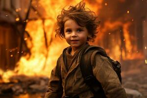 AI generated a young boy standing in front of a burning building bokeh style background with Generative AI photo