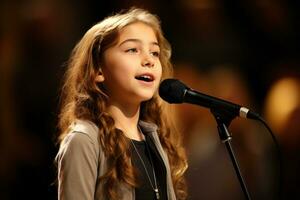 AI generated a young girl singing on the stage bokeh style background with Generated AI photo