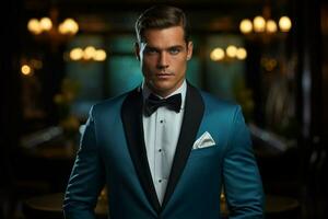 AI generated handsome man model wearing blue tuxedo bokeh style background with Generated AI photo
