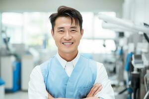 AI generated asian male business entrepreneur in his workshop bokeh style background with Generative AI photo