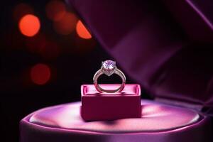 AI generated a diamond wedding ring in a red purple box bokeh style background with Generated AI photo