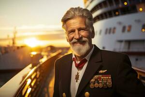 AI generated old male captain standing in front of the ship bokeh style background with Generated AI photo