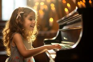 AI generated a girl playing piano in living room bokeh style background with Generative AI photo