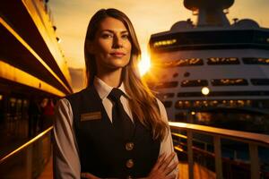 AI generated a female cruise stewardess standing in front of the ship bokeh style background with Generated AI photo