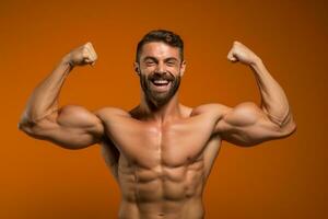 AI generated fitness man show his muscles on orange background with Generative AI photo