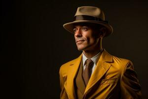 ai generado hermoso hombre modelo vistiendo amarillo traje con generado ai foto